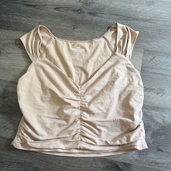 Hollister V Neck Crop Top Taupe Tan XL Cotton Minimalist - Picture 2 of 10